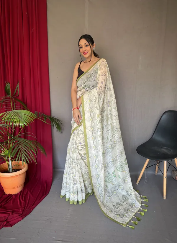 white_&_Green_Pure_Malai_Cotton_Sarees_With_Katha_Print_Work_With_Blouse_Piece_Attached